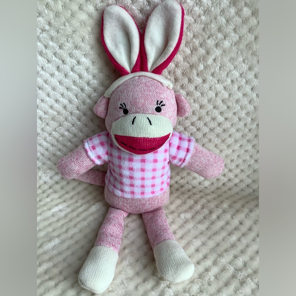 MTY International Pink Knit Sock Monkey in Bunny Ears 2016 Stuffed Animal Toy